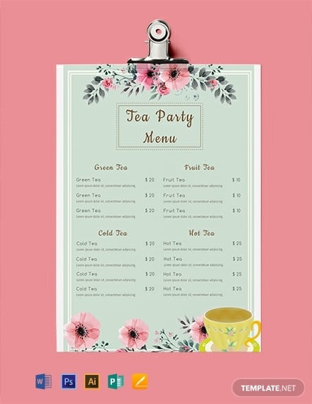 tea party event menu template