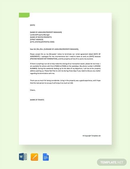 termination of rental agreement letter by tenant