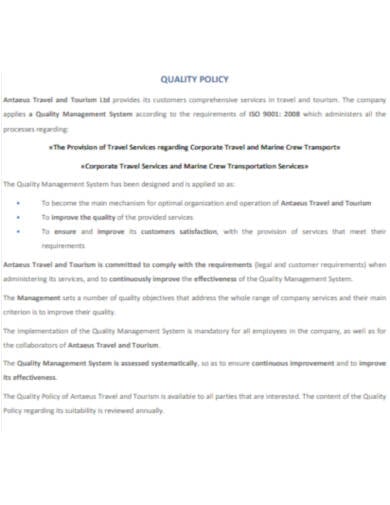travel company quality policy templates