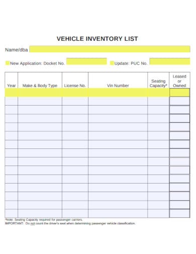 vehicle inventory list template