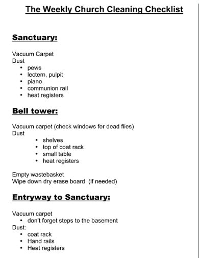 weekly church cleaning checklist