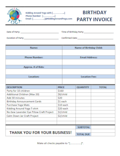 yoga participant birthday invoice template