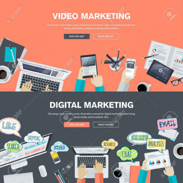 set of flat design illustration concepts for video and digital marketing concepts for web banner and