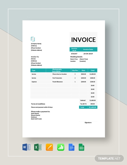 wedding photography invoice