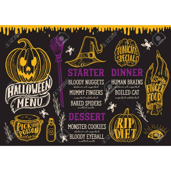 rf 109458327 halloween menu with holiday decorations on a chalkboard