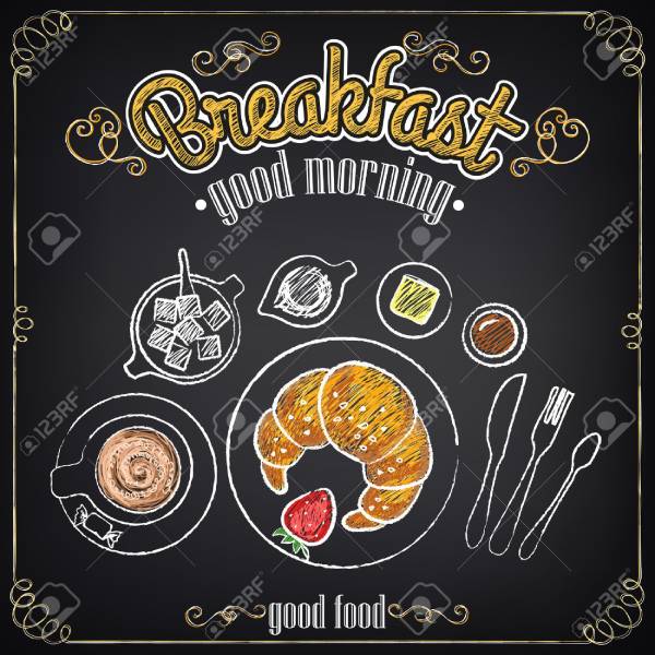 0865334 vintage poster breakfast croissant and coffee set on the chalkboard for design in retro style