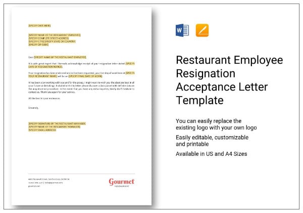 restaurant employee resignation acceptance letter