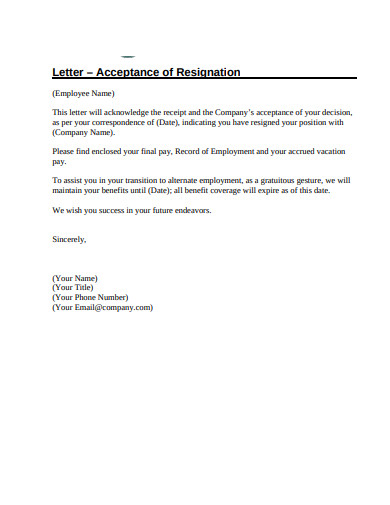 acceptance of employment resignation letter