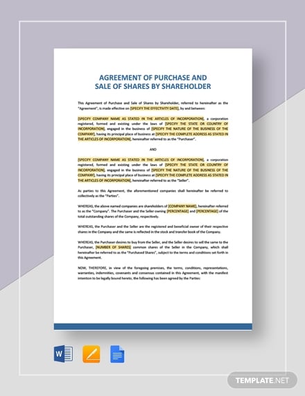 agreement of purchase and sale of shares by shareholder template