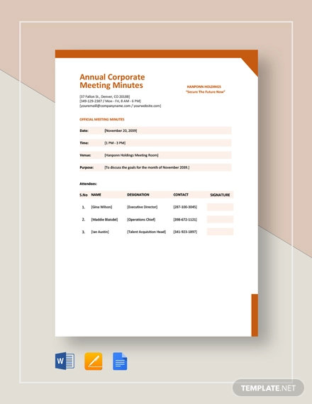 Corporate Meeting Minutes Template Sample Design Layout Templates