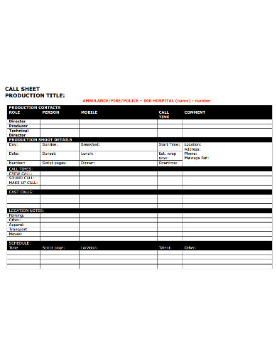 annual production call sheet example