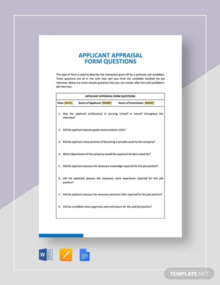 applicant appraisal form questions template