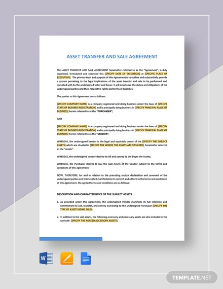 asset transfer and sale agreement template