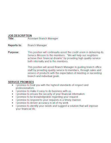 assistant branch manager job description template