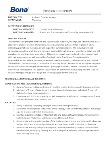 assistant creative manager job description template