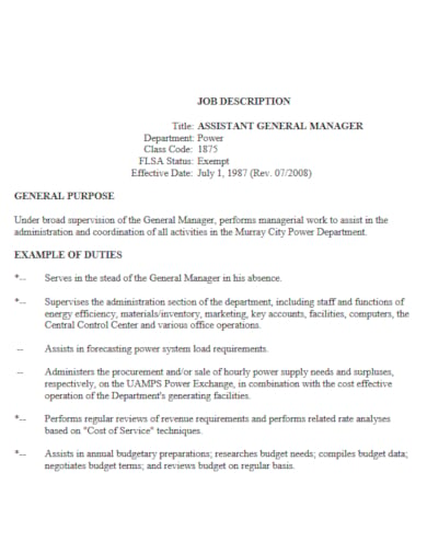 Job responsibilities of assistant general manager