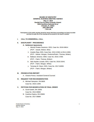 board of general business meeting agenda