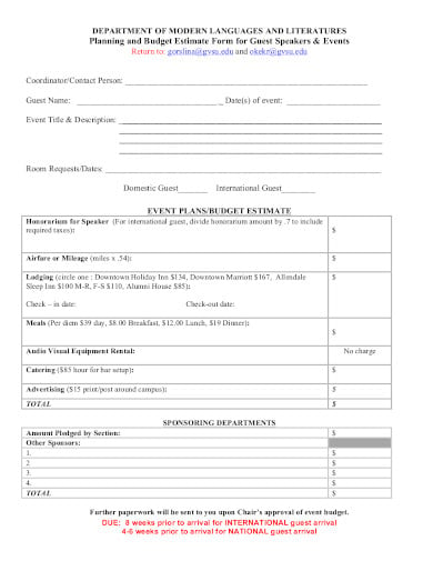 budget estimate form template
