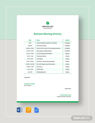 business meeting itinerary template