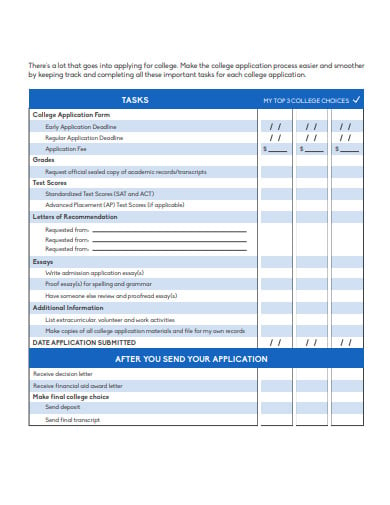 college application checklist in sheet