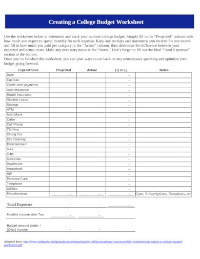 college budget worksheet example in pdf