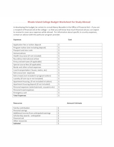college budget worksheet for abroad