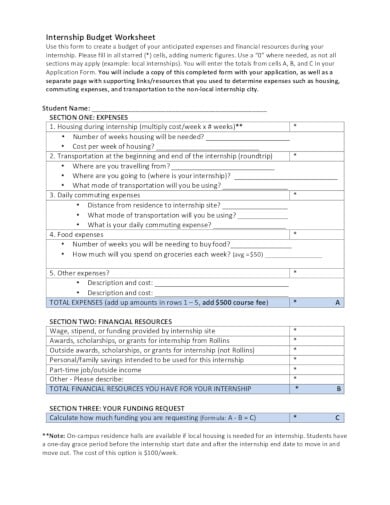 college internship budget worksheet template