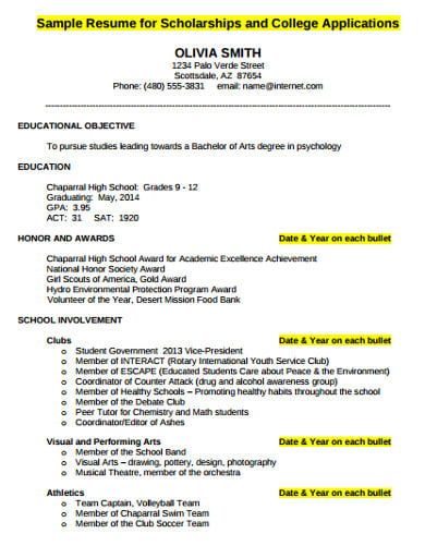 college scholarship application resume