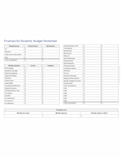 college student finance budget worksheet template