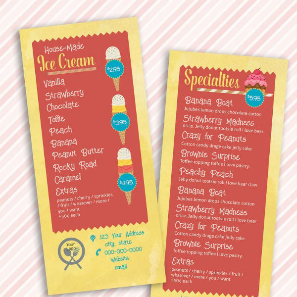 colorful ice cream shop rack card menu template