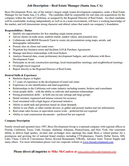 compact real estate manager job description template