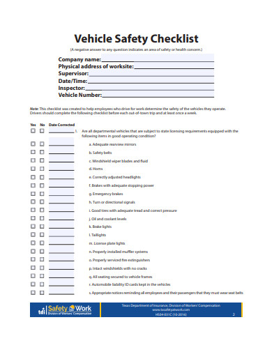 company vehicle safety checklist