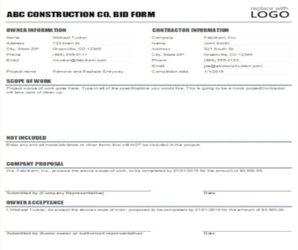 construction bid and invoice project form