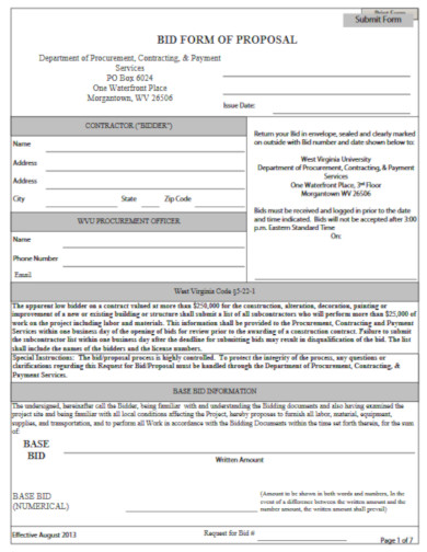 construction bid form of proposal template