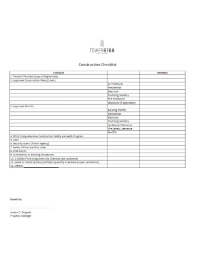construction checklist example 