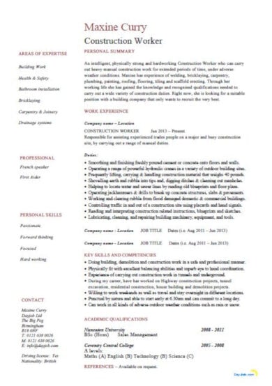construction worker resume template