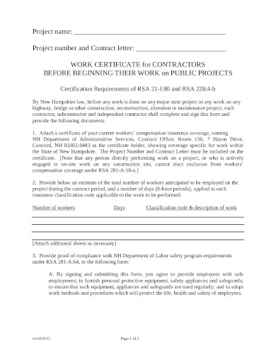 contractors work certificate template
