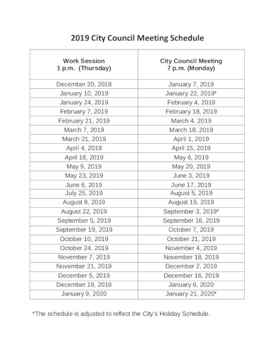council meeting schedule in pdf
