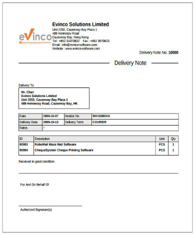 courier delivery note example template free download