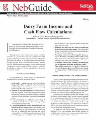 dairy farm income and cash flow calculations