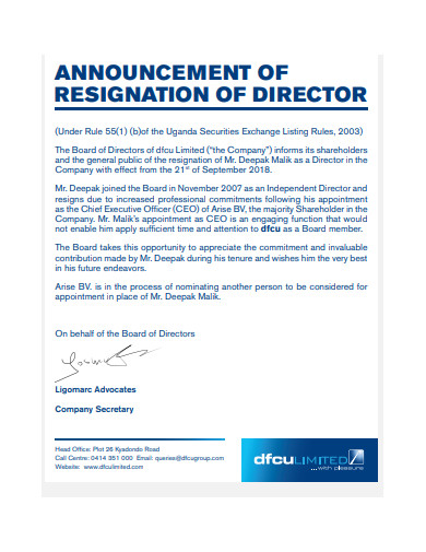 director resignation announcement template