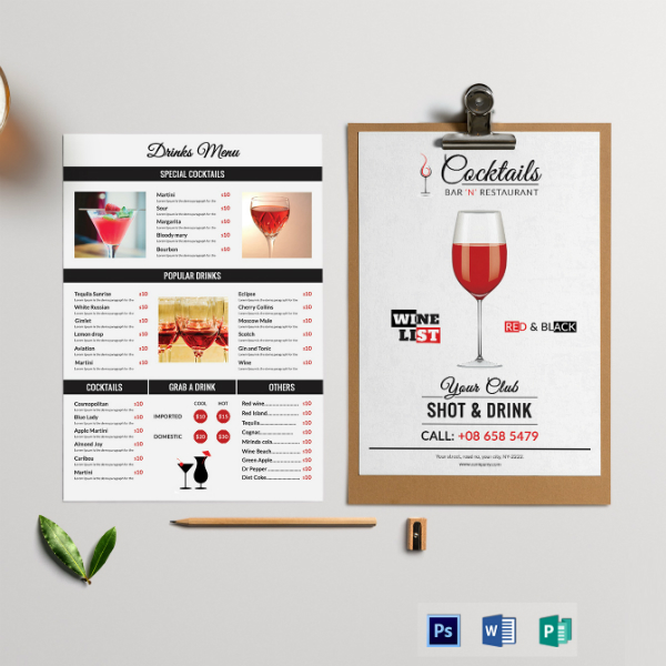 editable cocktail drinks menu template