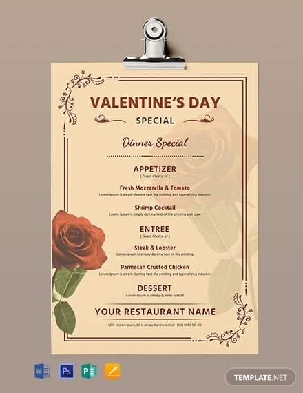 editable valentines event menu layout