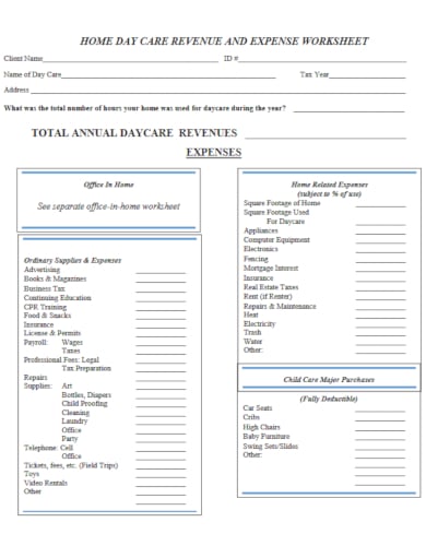 elegant home day care revenue and expense worksheet