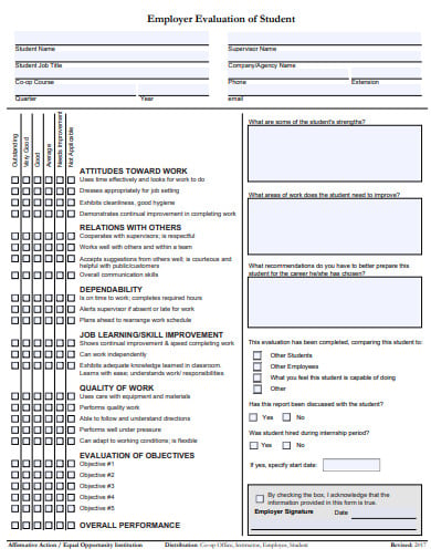employer evaluation of student template