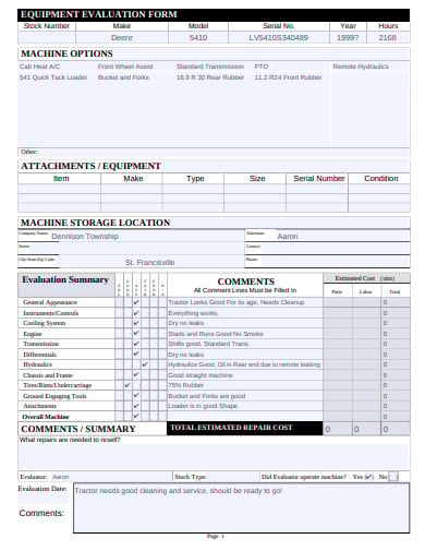 equipment evaluation form template