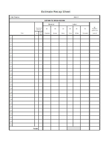 estimate recap sheet template