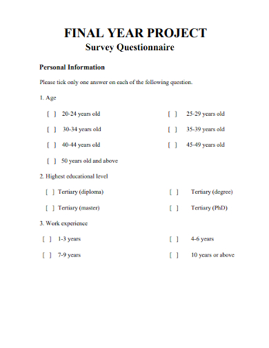 final year project personal information questionnaire