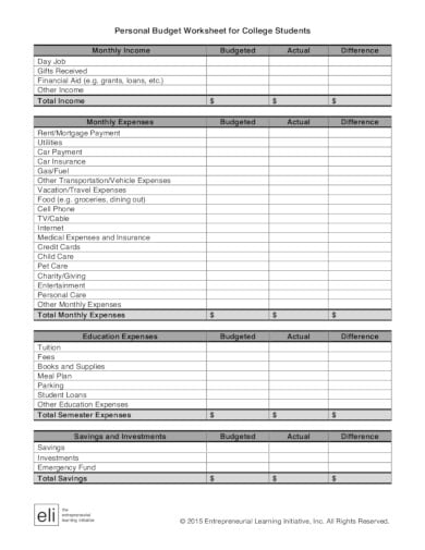 formal college budget worksheet template