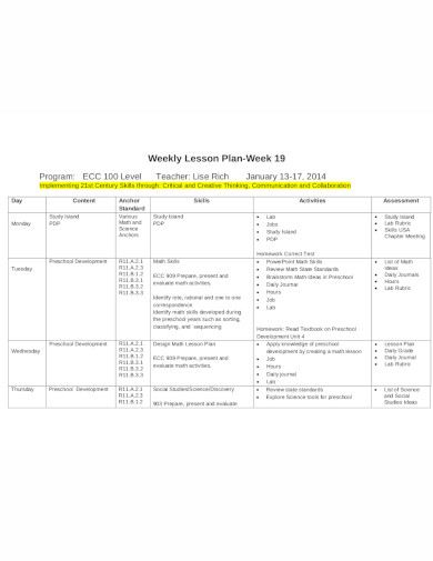 formal preschool weekly lesson plan template